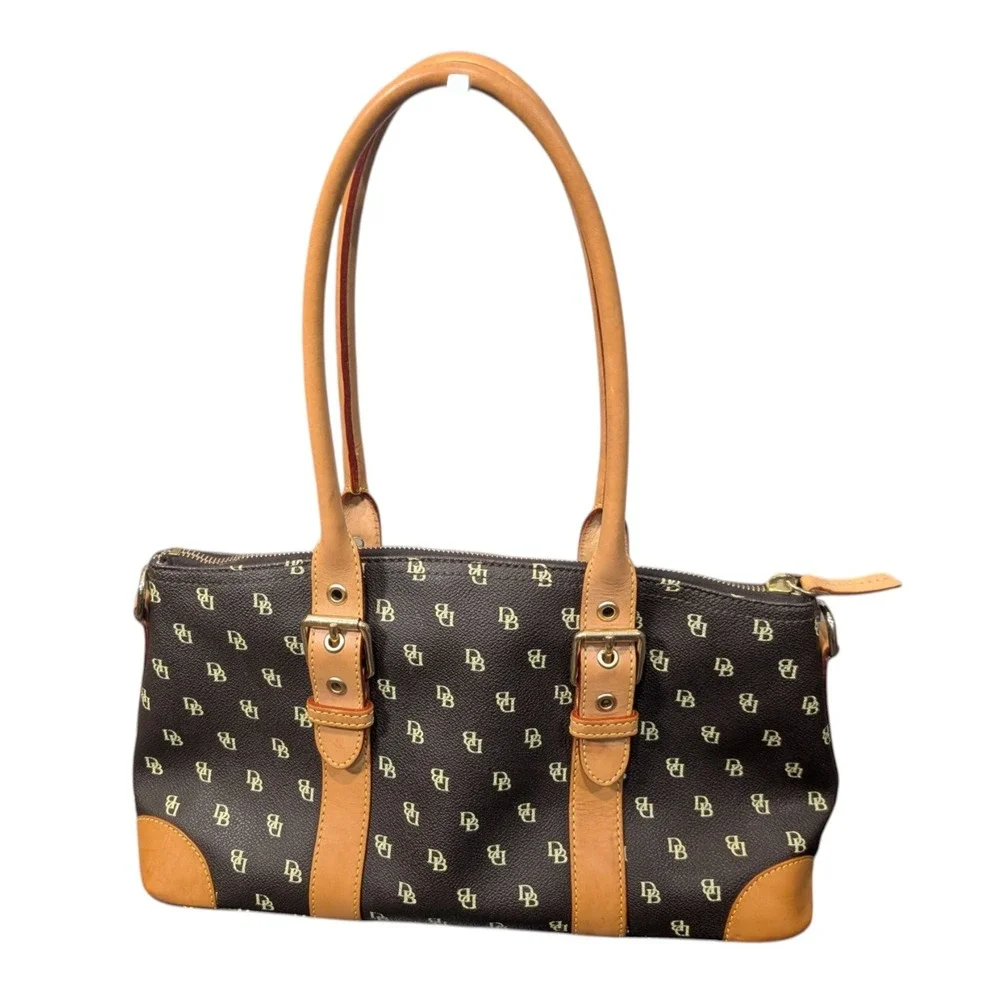 Dooney and Bourke Boston Bag Monogram Coated Canvas Satchel Brown Tan Handbag